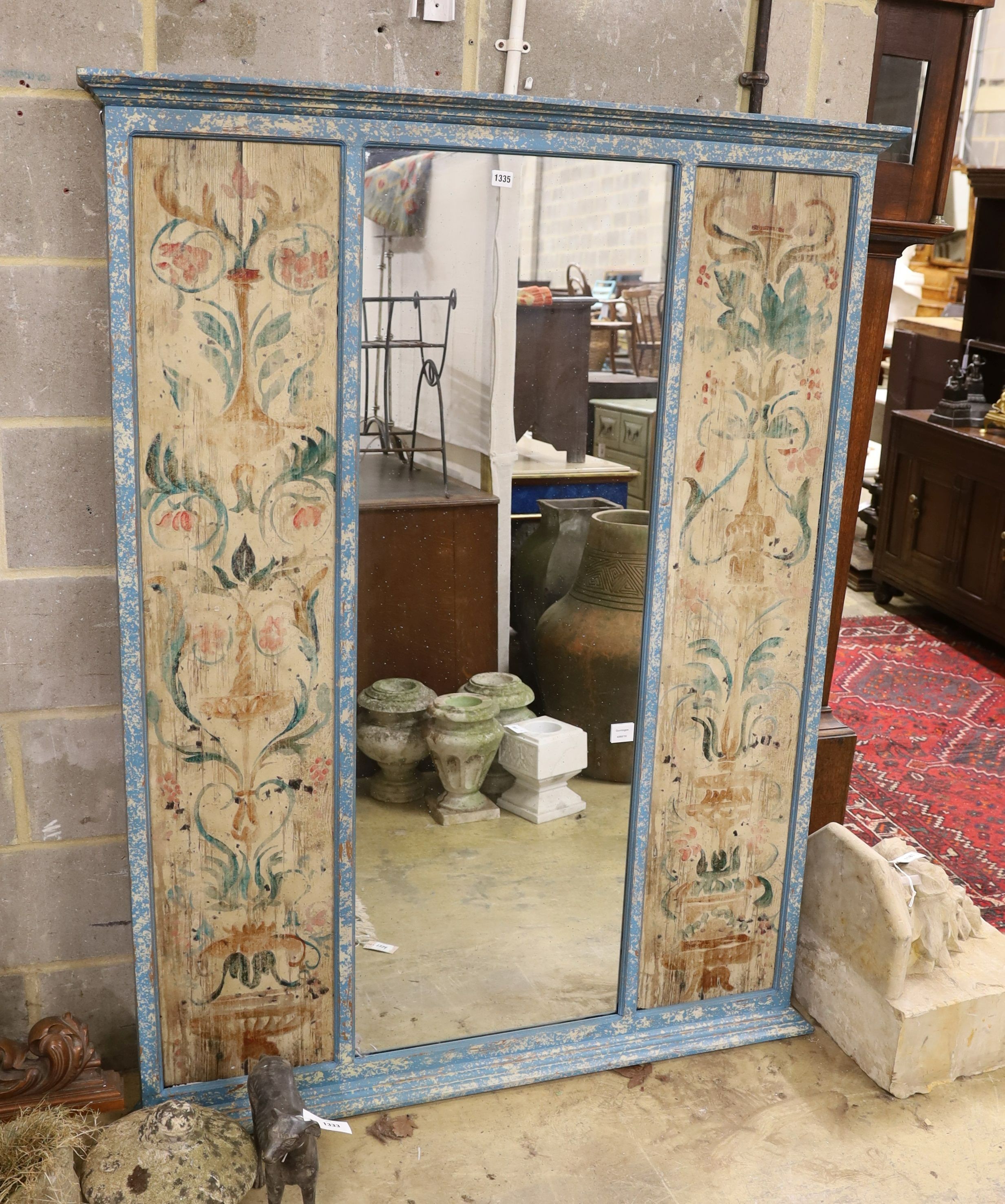 A reproduction 19th century style rectangular polychrome floral wall mirror, width 126cm, height 164cm